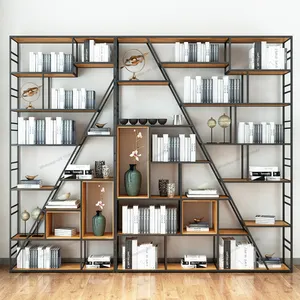 Iron bookshelf, floor mounted display rack, partition study, solid wood industrial style office storage