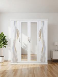 Armoire moderne en acier blanc à 4 portes avec portes miroir à impression abstraite ondulée dorée pour chambre à coucher - Product Image 2