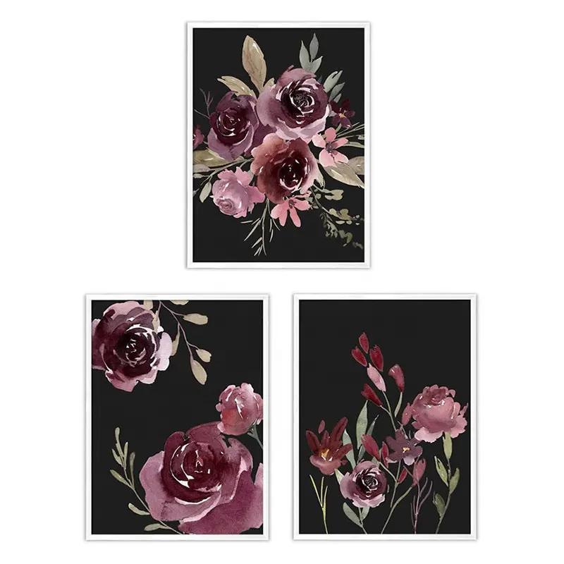 EAGLEGIFTS Home Cafe Hotel Room Decorative Wall Hanging Picture Nordic Red Rose Dark Black 3 Panel Modern Wall Art with Frame