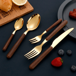 Stainless Steel Cutlery Set 5 Pieces Gold Plated With Wood Handle Tableware For Dining - Product Image 1