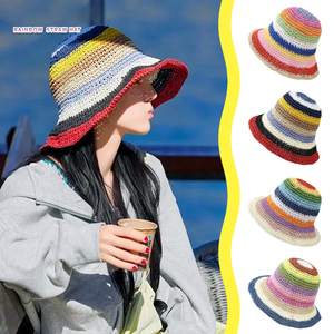 <b>Summer</b> Rainbow <b>Straw</b> Bucket <b>Hat</b> Beach Fishing Travel Casual Use-Sun Protection Knitted Women Bucket <b>Hats</b> - Product Image 1