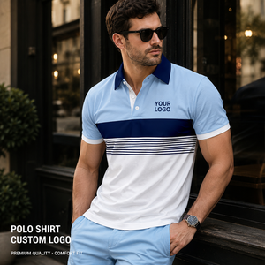 Polo personnalisé de luxe pour homme avec logo, broderie sur mesure, coloris bleu et blanc, qualité supérieure, fabriqué sur commande, fournisseur - Product Image 2