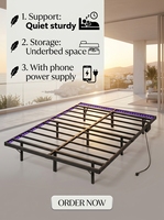 Cadre de lit suspendu moderne et minimaliste en acier noir épais avec interface de charge pour téléphone portable et éclairage inférieur, mobilier de chambre pliable