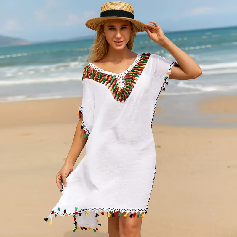 Retro Boho Style Shirt Vintage Sommer Strand Cover Up Kleid für Frauen Cover Up Sarong Sexy Girls Beach Dress