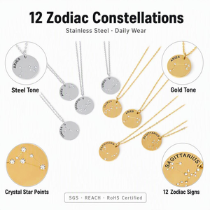 Collar con Moneda del Zodiaco Personalizado OEM, Chapado en Oro, Acero Inoxidable, 12 Signos del Horóscopo Grabados, Colgante de Disco, Joyería para Mujer - Product Image 1