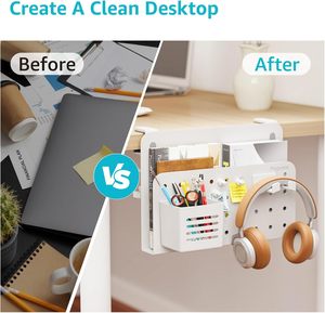 Organisateur de rangement latéral, support pour ordinateur portable suspendu en acier sous le bureau avec porte-<span class=keywords><strong>stylo</strong></span> magnétique à 2 niveaux, rangement de bureau sans perceuse - Product Image 4