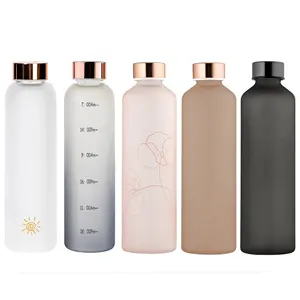 32OZ Gradient Colorful High Borosilicate Frosted 1000ml Glass Water Bottle With Time Marker