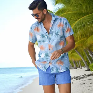 批发高品质男装，沙滩装6xl加大码3d印花卡通夏威夷短裤衬衫套装，带棕榈树/