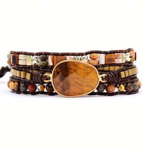 Bracelet en cuir marron pour hommes et femmes avec pierres mélangées œil de tigre, perles, 3 brins, bracelet pour amoureux, bijoux en gros, livraison directe - Product Image 5