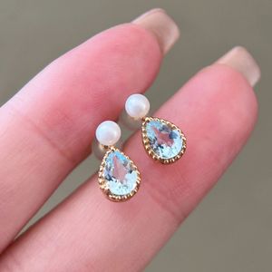 Boucles d'oreilles Xinfly en or véritable 18 carats avec perle d'eau douce et aquamarine, cadeau pour femme - Product Image 4