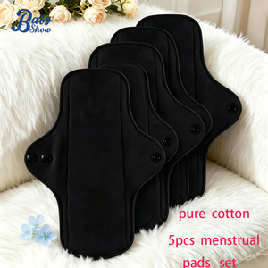 5PCs Black Hypoallergenic Pure Cotton <strong>Washable</strong> Cloth Menstrual Pads Set Super Absorbent Leak-proof for Day and Night <strong>Protection</strong> - Product Image 1