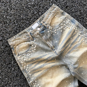 بنطلون جينز رجالي بتصميم ريترو مستقيم على طراز الهيب هوب - جينز دينيم مخصص بالجملة مطبوع بالكامل ومرصع بالأحجار الكريمة بخصر متوسط الارتفاع ومعالج بتقنية الغسيل الحجري وصديق للبيئة - Product Image 3