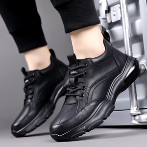 Chaussures en cuir décontractées pour hommes, automne, noires, semelle épaisse, lacets, baskets robustes, pour le loisir - Product Image 5