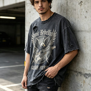 <span class=keywords><strong>Camiseta</strong></span> Gris Oscuro Vintage Lavado Pesado con Efecto Desgastado, Estampado de Guitarra Águila <span class=keywords><strong>Sonic</strong></span> Rebellion, Personalizada OEM al por Mayor - Product Image 2