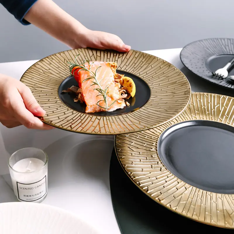 Platos de cena de porcelana dorada de lujo, plato de cerámica, plato para servir carne, Pasta