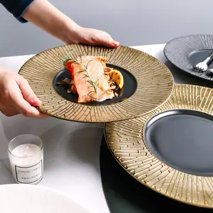 Platos de cena de porcelana dorada de lujo, plato de cerámica, plato para servir carne, Pasta