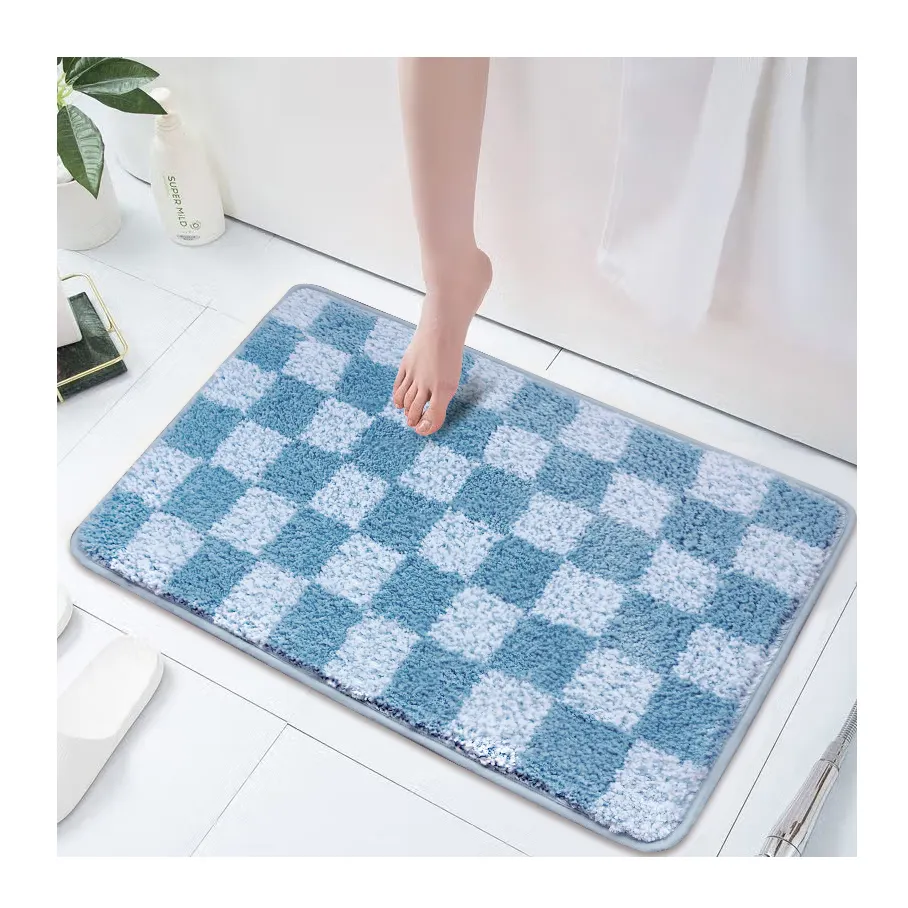 Soft Bicolor Geometric Rug Bedroom Toilet Checkboard Bathroom Rug Tufting Checkered Bath Mat for Home Textiles