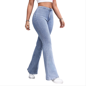 Jeans évasés <span class=keywords><strong>bleu</strong></span> clair taille haute coupe ajustée pour <span class=keywords><strong>femme</strong></span>, design décontracté en tissu denim lavable, méthode de tissage - Product Image 1