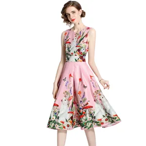 Retro Waist-Skimming Thin Sleeveless Printed Dresses In The Long Paragraph Senior Satin Pleated Vacation Office Casual Dress