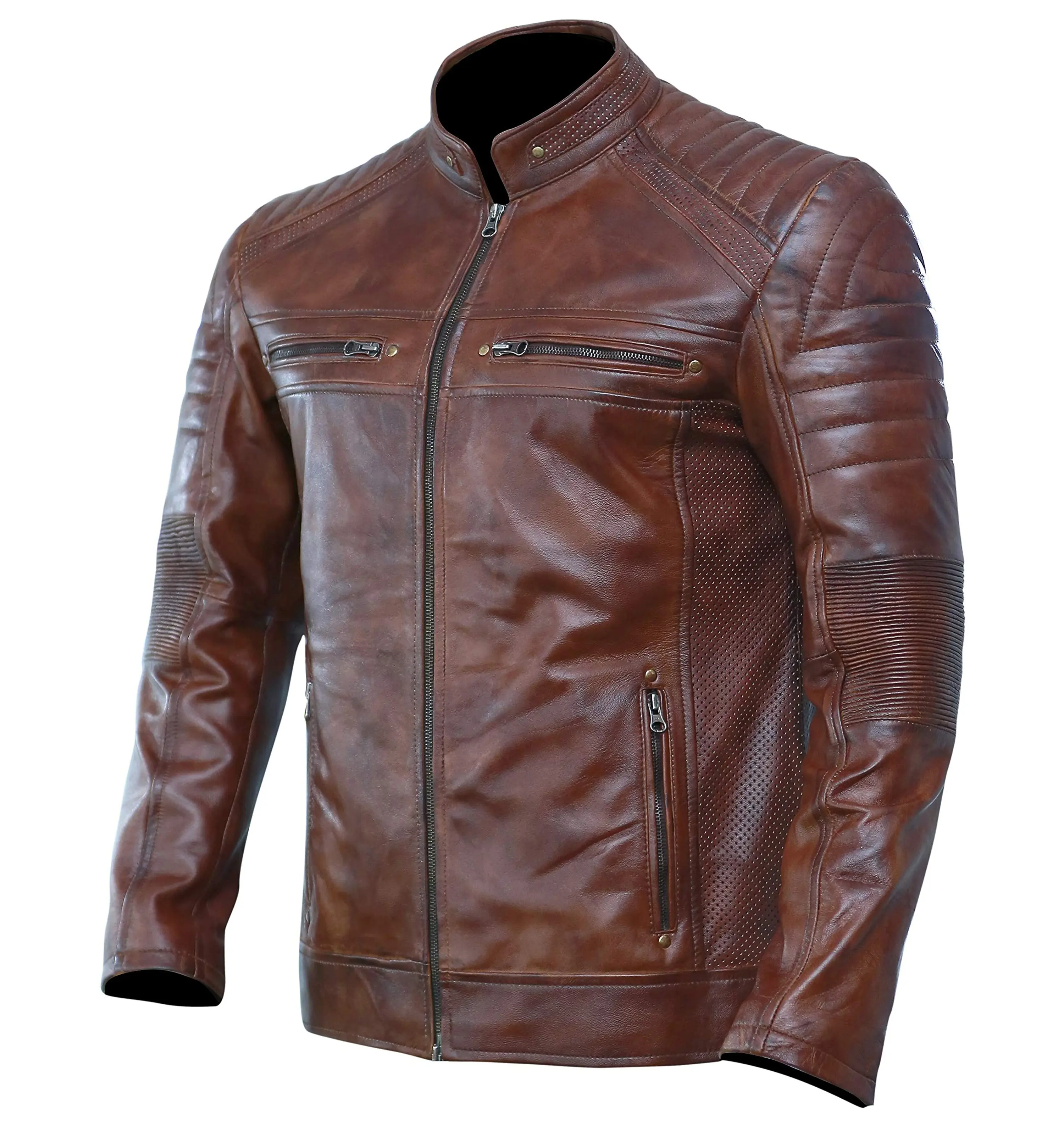 Blouson personnalisé en cuir véritable pour homme, de motard, à la mode, noir, marron