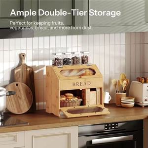 Boîte à pain en bambou à double couche, rangement en bois massif, organisateur de cuisine de bureau, couleur naturelle - Product Image 3