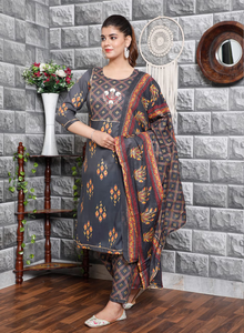 Best Selling Cotton Straight Kurti Set with Pocket Printed Ethnic Wear Casual Daily Wear Kurta <b>Pant</b> Dupatta Set For Women - Product Image 5