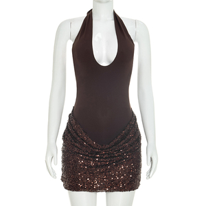 Viviblook J26DS293 Vestido de fiesta mini ajustado para mujer, sexy, sin mangas, con cuello halter, cordones, escote bajo, sin espalda, con lentejuelas y plisado, novedad de verano - Product Image 3