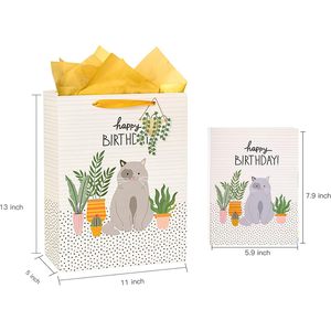 <b>Large</b> <b>Gift</b> <b>Bag</b> With Card And Tissue Paper Cat Plant Design Birthday Party Art Paper Offset Printing - Product Image 5