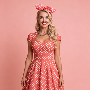 Tenues assorties pour la famille rétro à pois orange corail, 4 pièces : costume pour papa, robe swing pour maman, gilet pour garçon, short pour fille, robe pour fille - Product Image 3