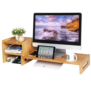 Soporte de monitor de computadora de bambú, estante de soporte de escritorio para computadora portátil con organizador de almacenamiento de escritorio extraíble de 2 niveles para venta al por mayor