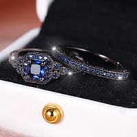 Ensemble de bagues Art Déco avec coussin double halo et zircon cubique princesse, en argent 925 plaqué or jaune 14K, pavé vintage, bande épaisse, pour cadeau de mariée