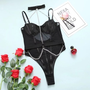 Metalen ketting halternek bodysuit doorschijnende mesh cut-out teddy - Product Image 5