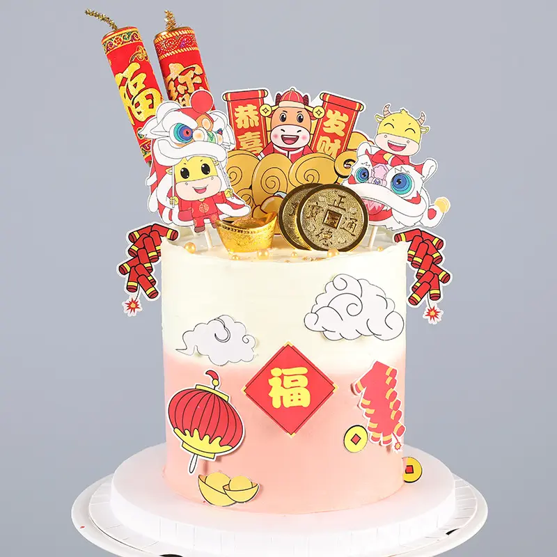 جديد 2021 السنة الصينية الجديدة كعكة الديكور بقرة الطفل ، الألعاب النارية ، فانوس ، سنة من الثور كعكة توبر