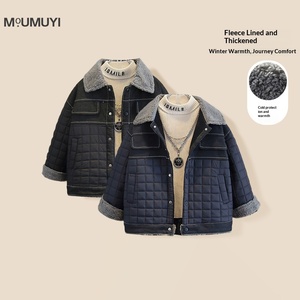 Veste d'hiver en denim patchwork pour garçons, veste chaude en molleton teinte en pièce, imprimée, version coréenne 2025, nouveauté - Product Image 5