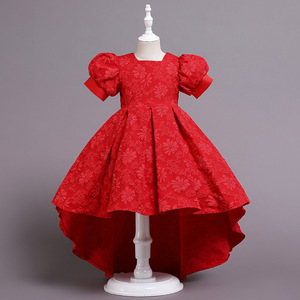 Children's <b>Red</b> Lace Princess Dress O-Neck Puff Sleeve A-Line Flower Girl Evening Gown for Big Kids Piano Performance <b>Costume</b> - Product Image 2