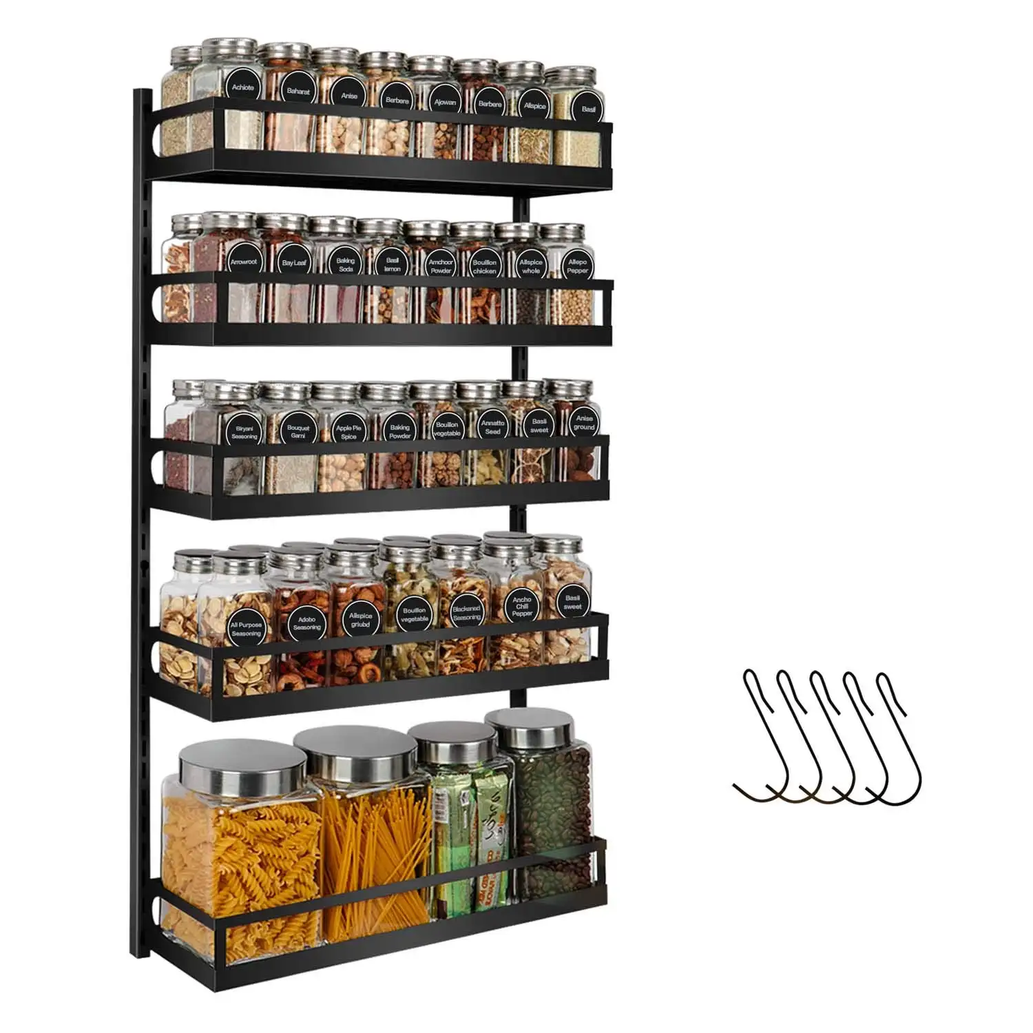5 Tier Height-Adjustable Hanging Wall Mount Spice Rack Storage Organizer For Kitchen
