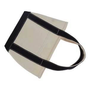Sac fourre-tout en toile personnalisé de taille moyenne, beige avec bordure bleu marine, poignée supérieure, sac de courses pour les courses - Product Image 5