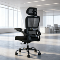 Chaise de bureau ergonomique avec dossier haut, pédales et support lombaire, réglable en hauteur, équipée d'un appui-tête et d'accoudoirs, en mesh