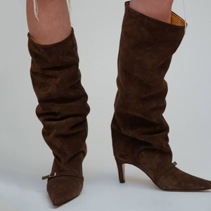 Big Size 45 Women Suede <b>Long</b> Boots Low Heels Pointed Toe Front Buckle Knee High Booties Pleated Loose Upper on Shoes - Product Image 2