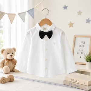 Chemise classique blanche à manches longues avec un charmant détail nœud papillon crée une tenue élégante pour les célébrations et les rassemblements formels. - Product Image 3