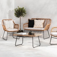 Ensemble de canapé moderne en rotin PE imperméable à rayures horizontales, en forme de U, avec structure en fer, une place, deux places, résistant aux UV, avec plateau latéral en verre trempé
