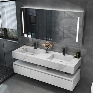 Muebles de Baño Modernos de Lujo, Gabinetes de Madera Contrachapada Montados en la Pared, Encimera de Pizarra, Mueble de Baño Flotante para Hotel o Apartamento con Lavabo Doble - Product Image 2