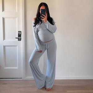 Women's 2 Piece for <b>Set</b> Solid Color Shoulder Long Sleeve Top Drawstring Straight Leg Pants Casual Homewear Spandex/Polyester - Product Image 5