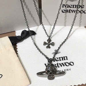 Collier Empress Dowager Vivienne Punk à double couche, croix et crâne Saturne, entièrement serti de diamants, tendance, unisexe, chaîne de pull - Product Image 3