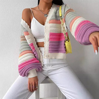 Damen Frühling Lässiger Atmungsaktiver Regenbogen-Gestreifter V-Ausschnitt Pullover mit Einknopfverschluss Maschinenstrick-Cardigan