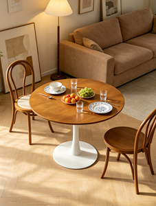 Mesa de Comedor Redonda de Madera Clara con Base de Pedestal Único, Estilo Tulipán, Ideal para Espacios Pequeños, Mesa de Desayuno o Café - Product Image 1
