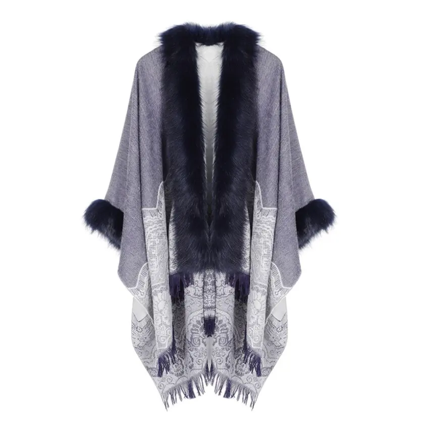 2020 Nieuwe Riem Cape Split Sjaal Verdikte Warme Kleur Contrast Poncho Grote Kleurblok Plaid Sjaal Vrouwen Faux Fur Poncho