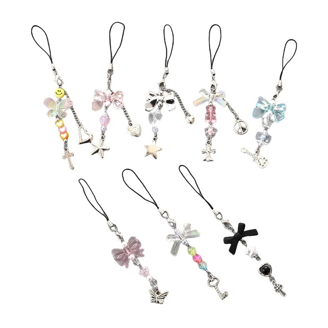 Bowknot Bow Beaded Keychain Y2K Heart Star Guitar Butterfly Cross Pendant Phone Case Charm Key Chain Lanyard Rope Accessories