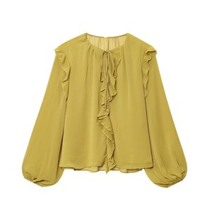 Camicetta da <span class=keywords><strong>donna</strong></span> in chiffon giallo <span class=keywords><strong>senape</strong></span> con collo allacciato, bordo arricciato, maniche lunghe a lanterna, elegante e casual - Product Image 1