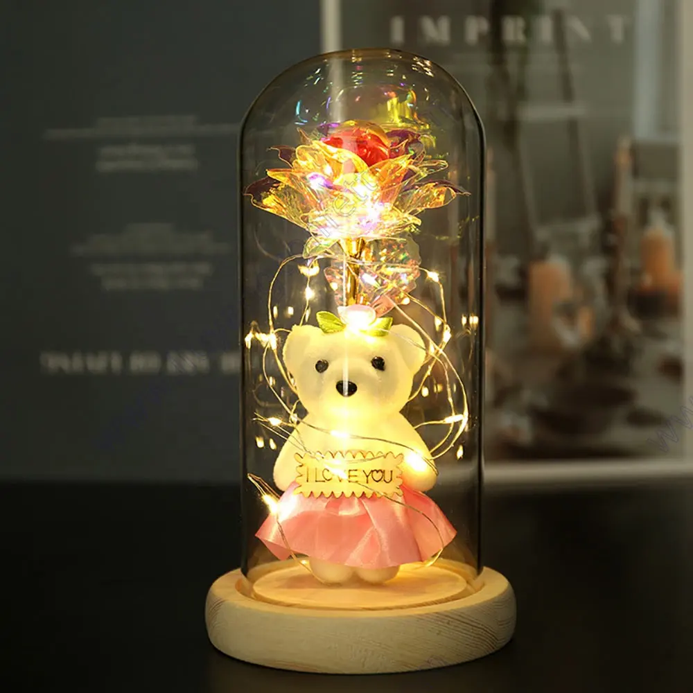 Teddy Bear Saint Decorative Led Lamp Galaxy Artificial Rose Flower Valentine's Day Mother's Girl Birthday Valentine Gift